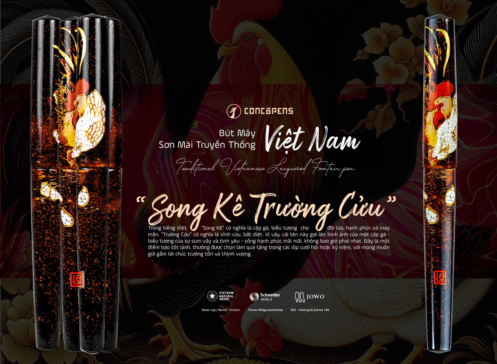 Bút máy sơn mài Việt Nam - "Song Kê Trường Cửu" thể hiện kỹ nghệ sơn mài qua cảm hứng từ cặp gà quen thuộc với người dân Việt Nam